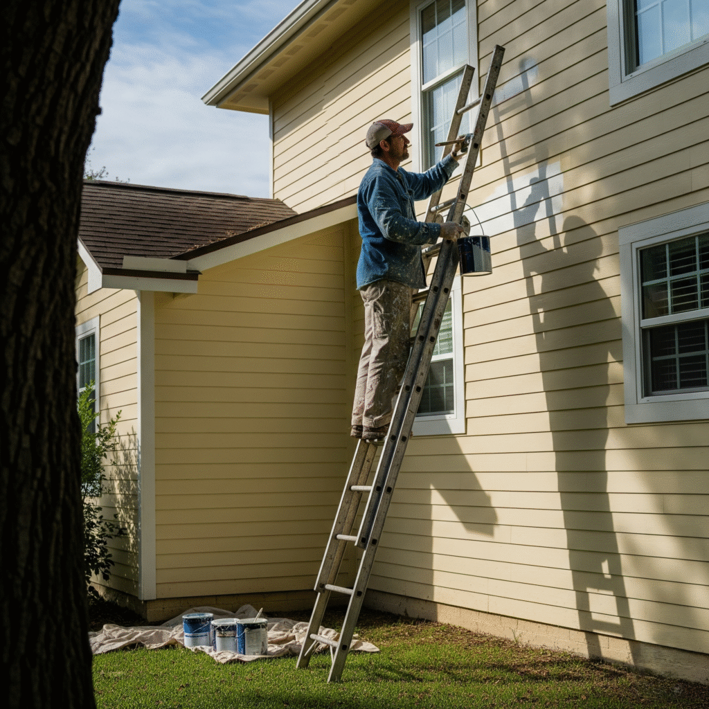 Painter working on the shaded side of a two story Placer County home