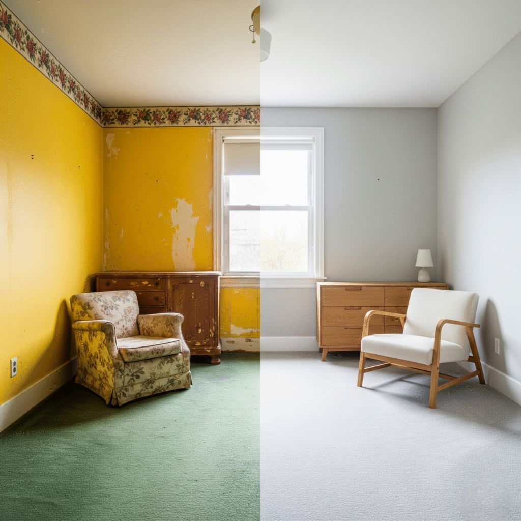 comparison of a room repainted in neutral tones.