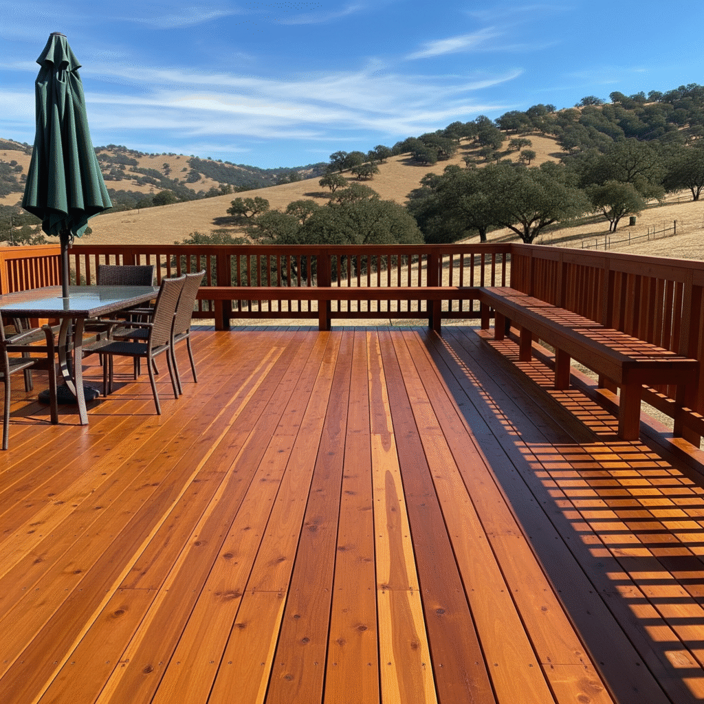 refinished wooden deck under bright sunshine
